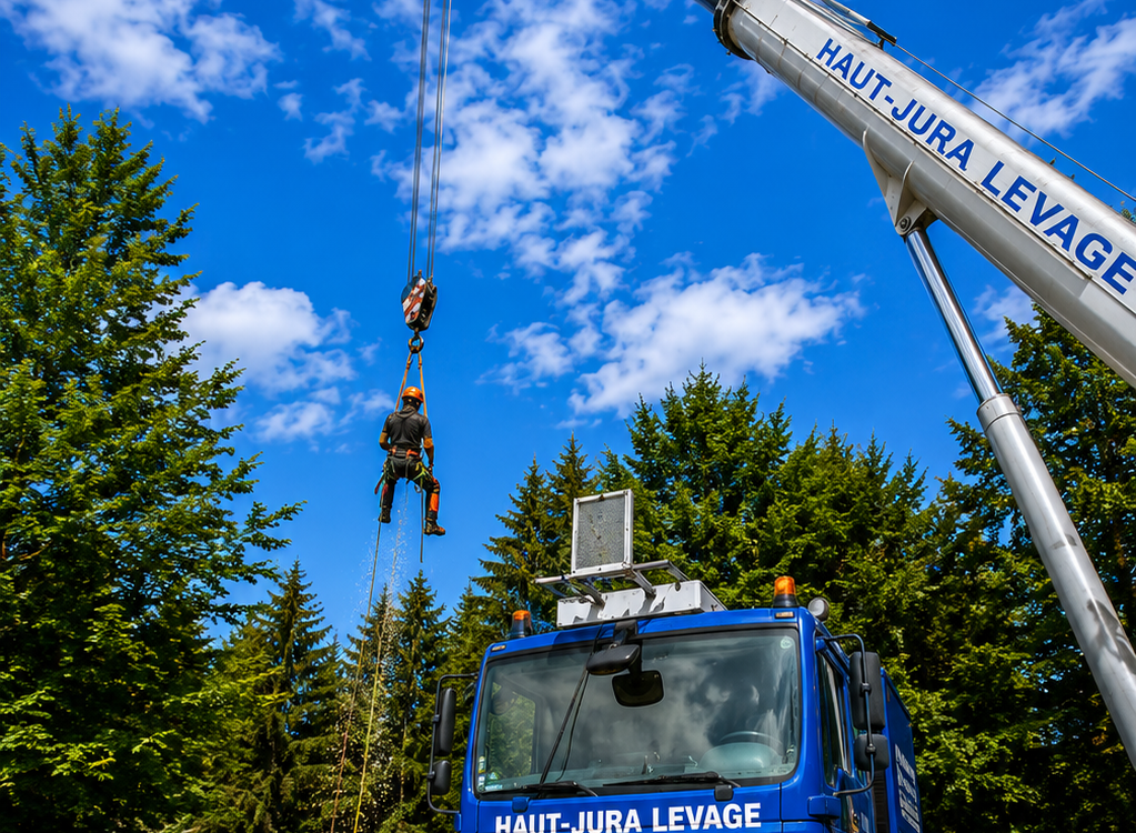 Élagueur grimpeur professionnel en action dans la cime d'un grand arbre sans feuilles, à côté d'un camion de la SARL Roche Frères.
