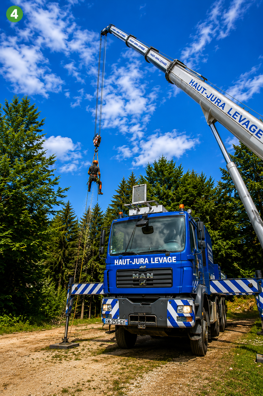 Élagueur grimpeur professionnel en action dans la cime d'un grand arbre sans feuilles, à côté d'un camion de la SARL Roche Frères.